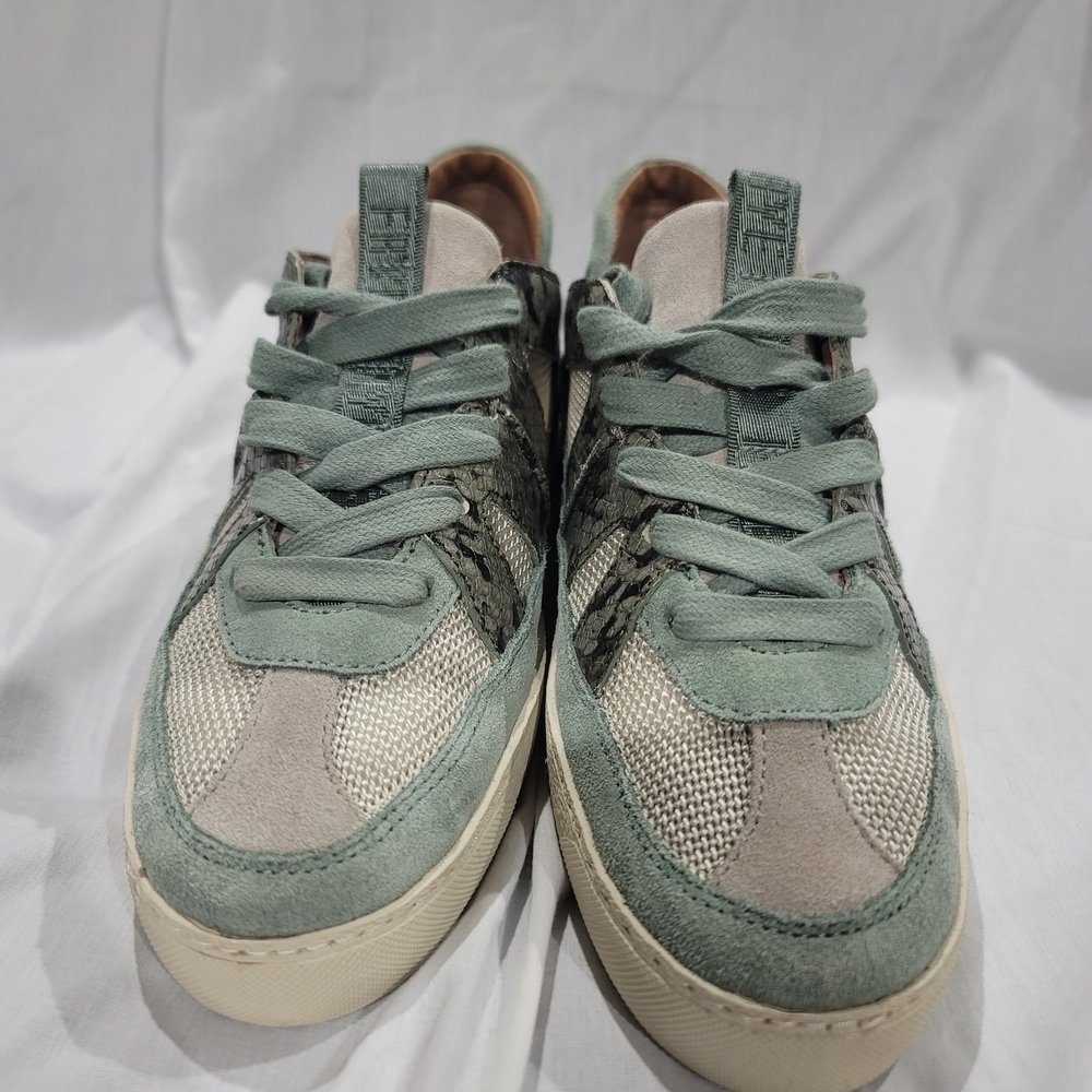 Frye Ivy Low Lace Sneakers Sage Green Snakeskin Suede Mixed Media Size 7.5